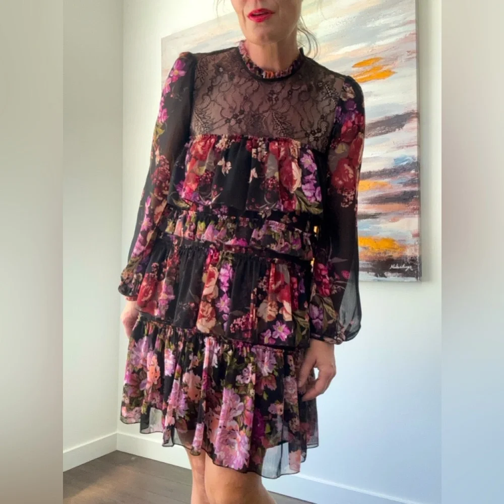 ZARA Floral Lace Tiered Frock Dress Multicolour Medium - Picture 1 of 13
